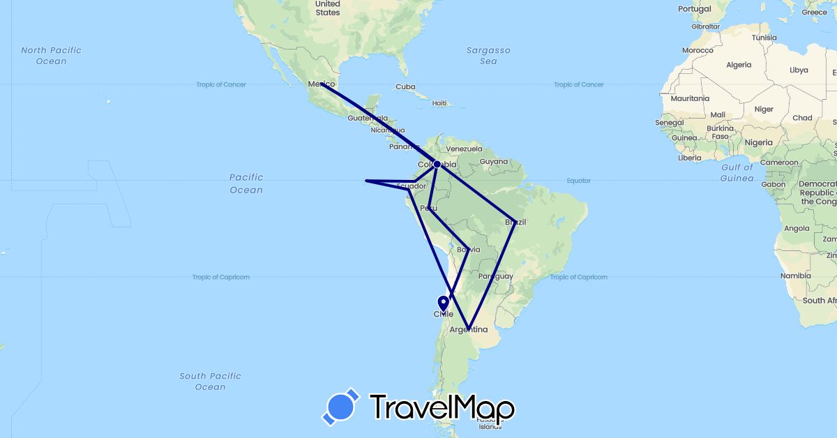 TravelMap itinerary: driving in Argentina, Bolivia, Brazil, Chile, Colombia, Ecuador, Mexico, Peru (North America, South America)